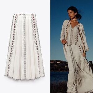 ZARA BOHO LONG EMBROIDERED SKIRT